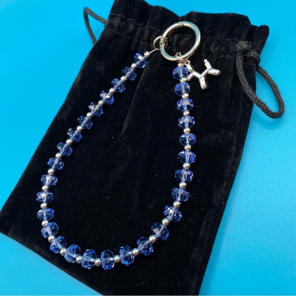 💙Sparkly Bling Crystal Glass Bead Wristlet Keychain Phone Bag Charm Lanyard Blue - Picture 4 of 16